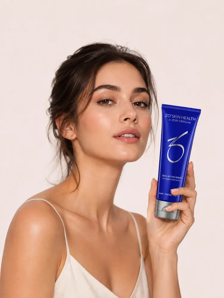 Model holding a blue skincare tube